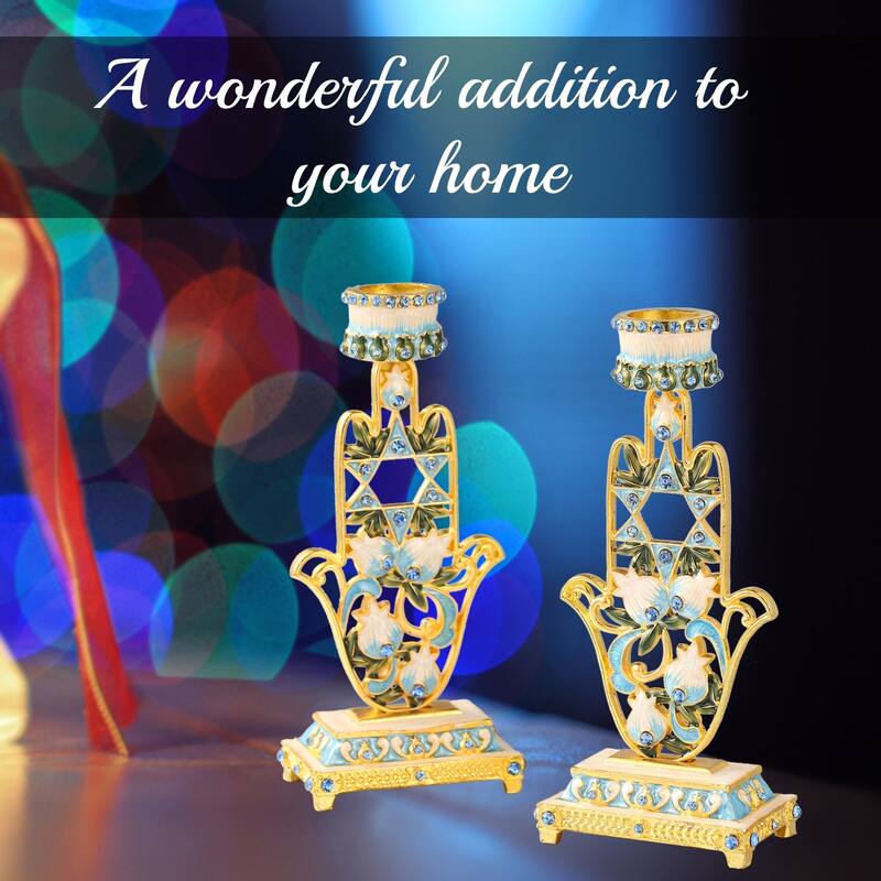 Matashi (2-Piece Set) Home Decorative Shabbat Candlestick Hand-Painted, Gold Plated Pewter, Hamsa Adorned with Star of David