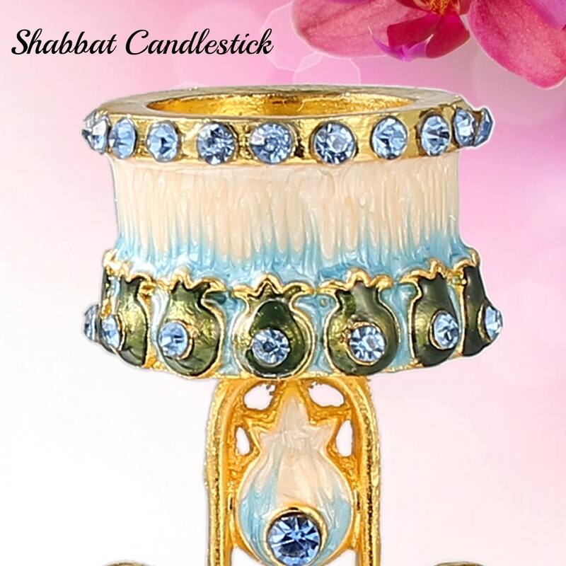 Matashi (2-Piece Set) Home Decorative Shabbat Candlestick Hand-Painted, Gold Plated Pewter, Hamsa Adorned with Star of David