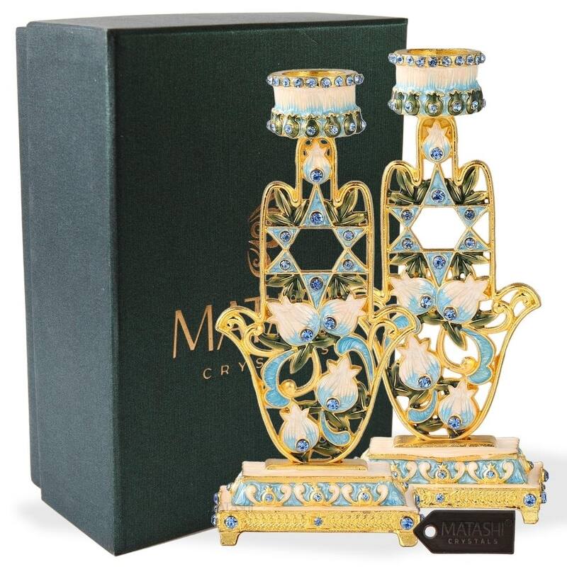Matashi (2-Piece Set) Home Decorative Shabbat Candlestick Hand-Painted, Gold Plated Pewter, Hamsa Adorned with Star of David