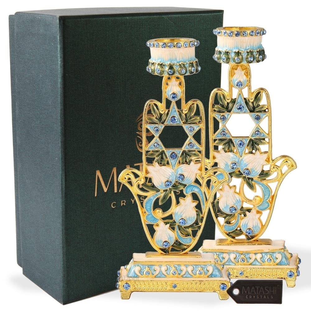 Matashi (2-Piece Set) Home Decorative Shabbat Candlestick Hand-Painted, Gold Plated Pewter, Hamsa Adorned with Star of David