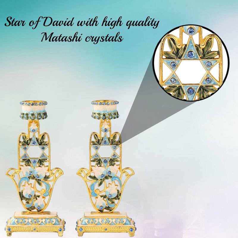 Matashi (2-Piece Set) Home Decorative Shabbat Candlestick Hand-Painted, Gold Plated Pewter, Hamsa Adorned with Star of David