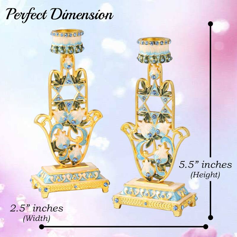 Matashi (2-Piece Set) Home Decorative Shabbat Candlestick Hand-Painted, Gold Plated Pewter, Hamsa Adorned with Star of David
