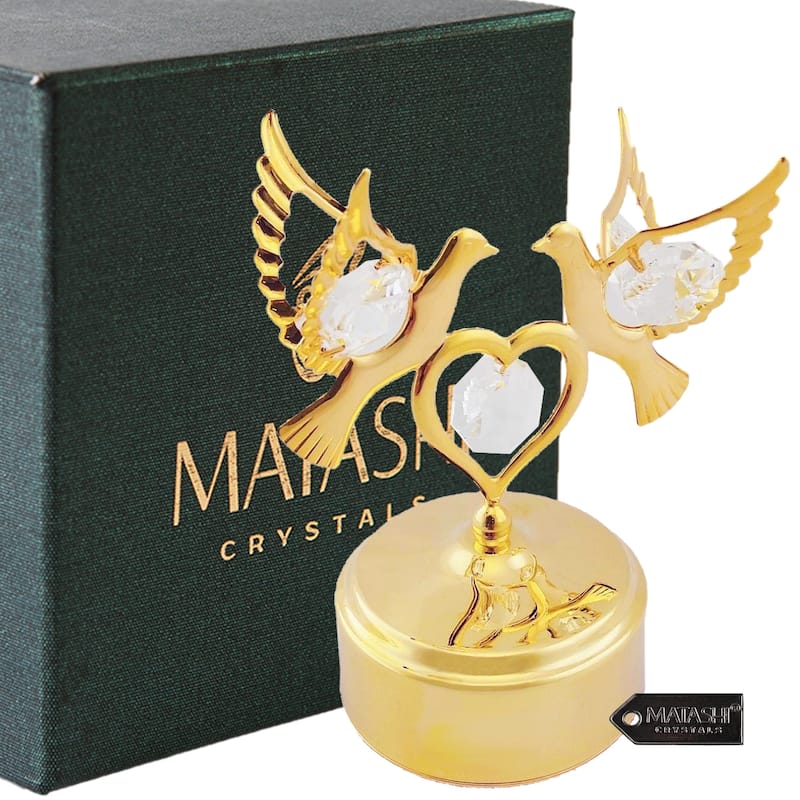 Matashi Home Decorative Showpiece 24K Gold Plated Music Box with Crystal Studded Love Doves Figurine on a Smooth Base