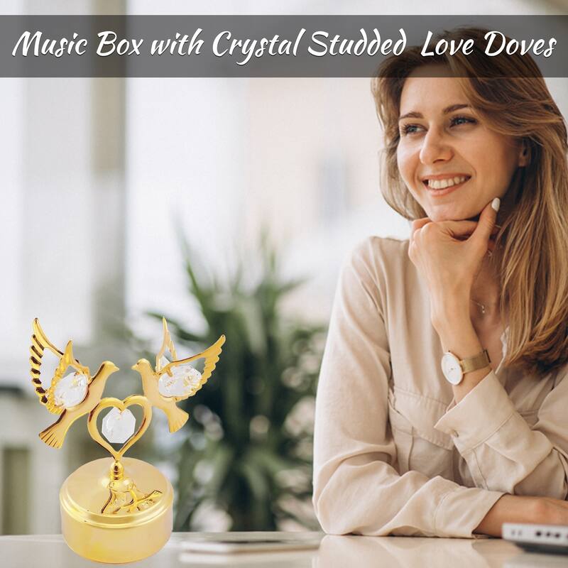 Matashi Home Decorative Showpiece 24K Gold Plated Music Box with Crystal Studded Love Doves Figurine on a Smooth Base