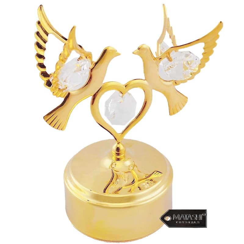 Matashi Home Decorative Showpiece 24K Gold Plated Music Box with Crystal Studded Love Doves Figurine on a Smooth Base