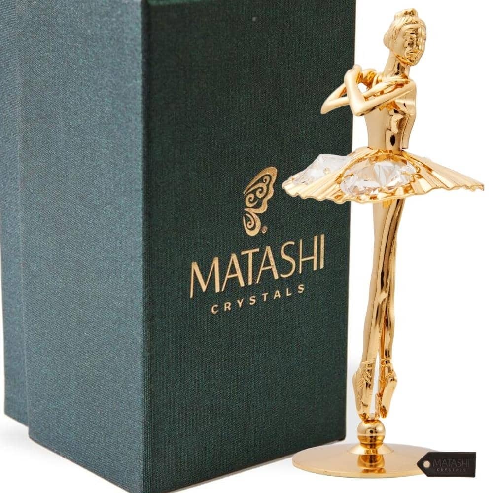 Matashi Home Decorative Showpiece 24K Gold Plated Crystal Studded Ballerina with Arms Crossed Figurine