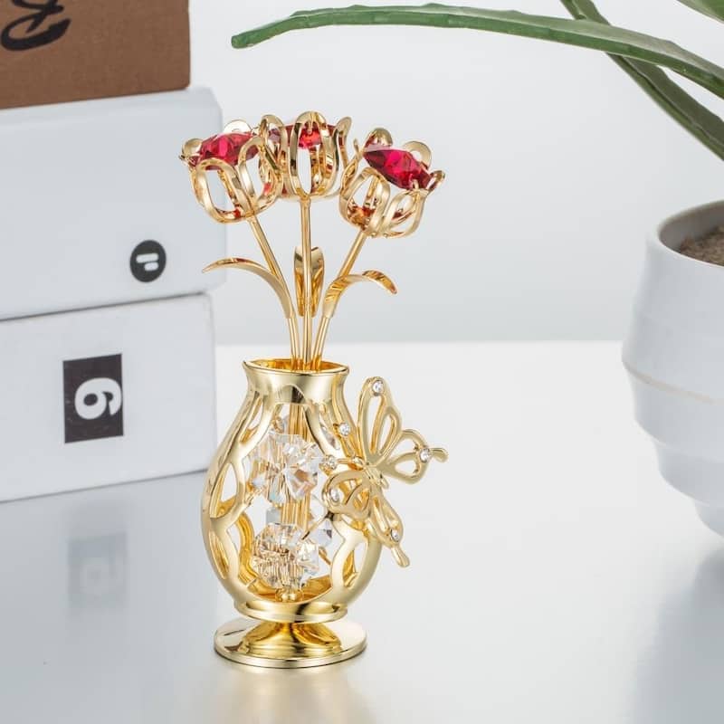 Matashi Home Decorative Showpiece 24K Gold Plated Crystal Studded Flower Ornament in Vase with Butterfly (Red Crystals)
