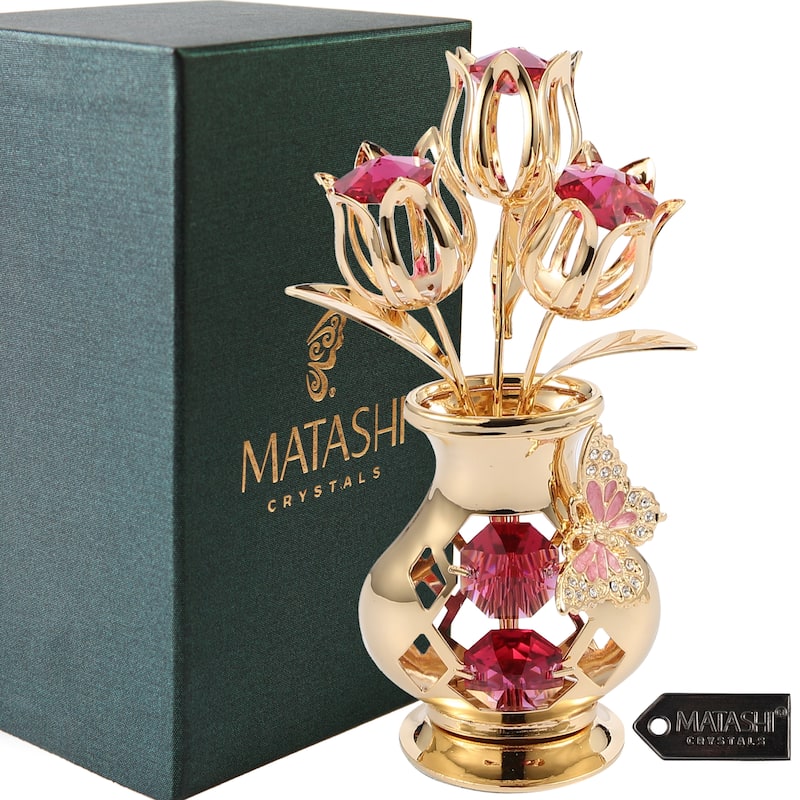 Matashi Home Decorative Showpiece 24K Gold Plated Crystal Studded Flower Ornament in Vase with Butterfly (Red Crystals)