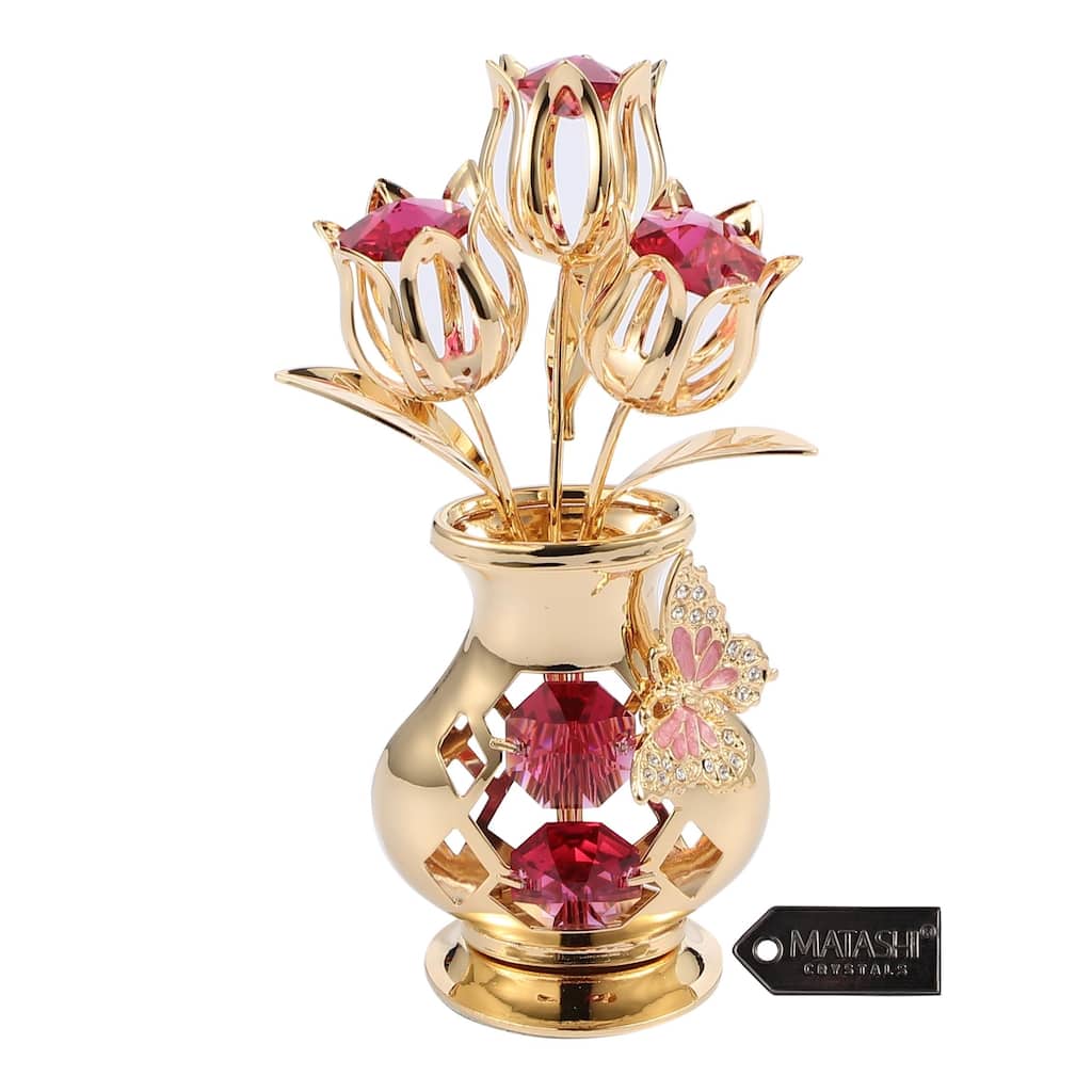 Matashi Home Decorative Showpiece 24K Gold Plated Crystal Studded Flower Ornament in Vase with Butterfly (Red Crystals)