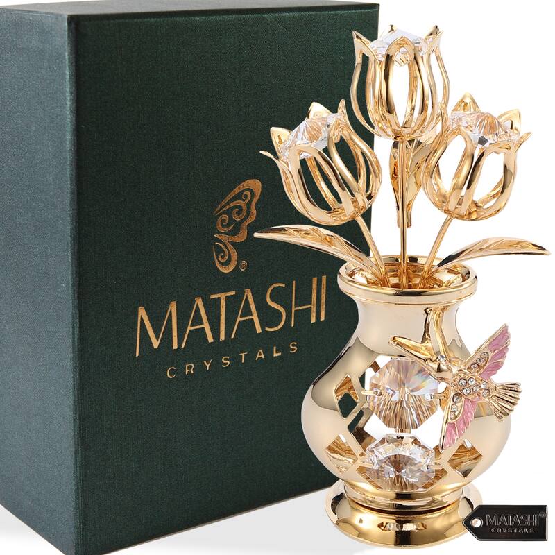 Matashi Home Decorative Showpiece 24K Gold Plated Crystal Studded Flower Ornament in a Vase with Hummingbird (Clear Crystals)