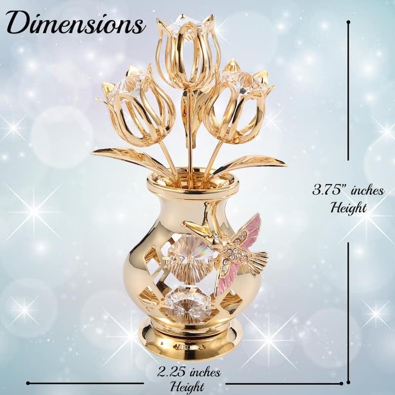 Matashi Home Decorative Showpiece 24K Gold Plated Crystal Studded Flower Ornament in a Vase with Hummingbird (Clear Crystals)