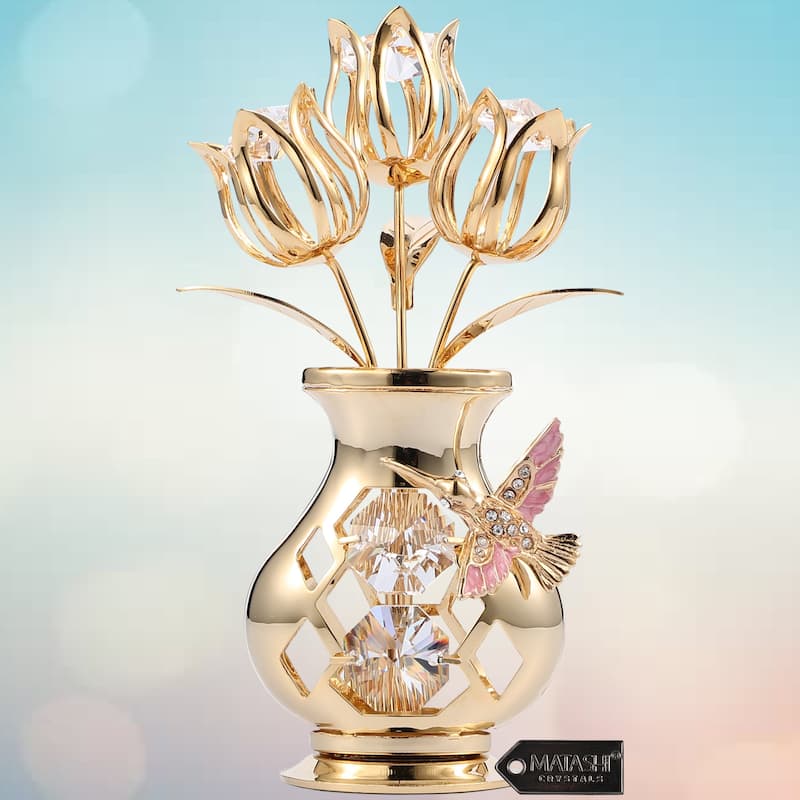 Matashi Home Decorative Showpiece 24K Gold Plated Crystal Studded Flower Ornament in a Vase with Hummingbird (Clear Crystals)