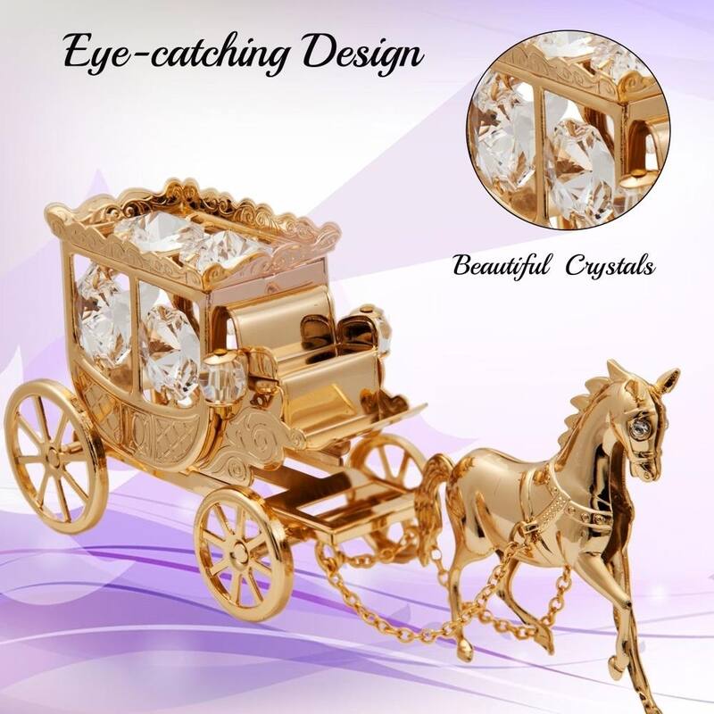 Matashi Home Decorative Showpiece 24K Gold Plated Crystal Studded Horse Drawn Carriage Ornament