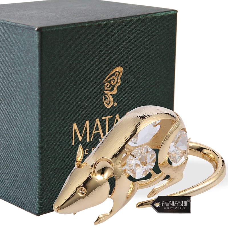 Matashi Home Decorative Showpiece 24K Gold Plated Crystal Studded Rat, Year of the Rat