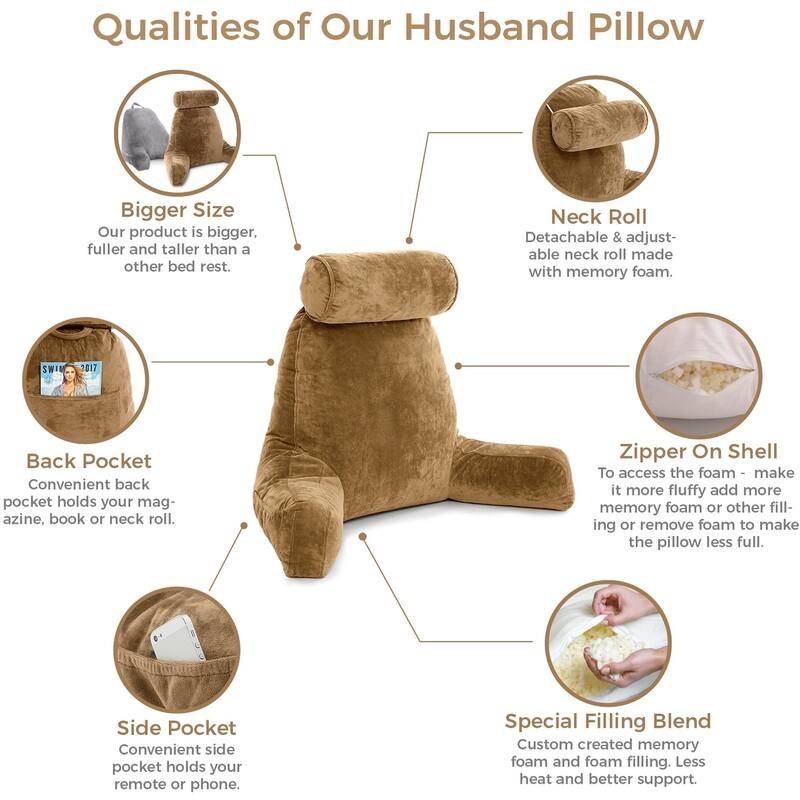 Husband Pillow Bedrest Reading Support Bed Backrest with Arms