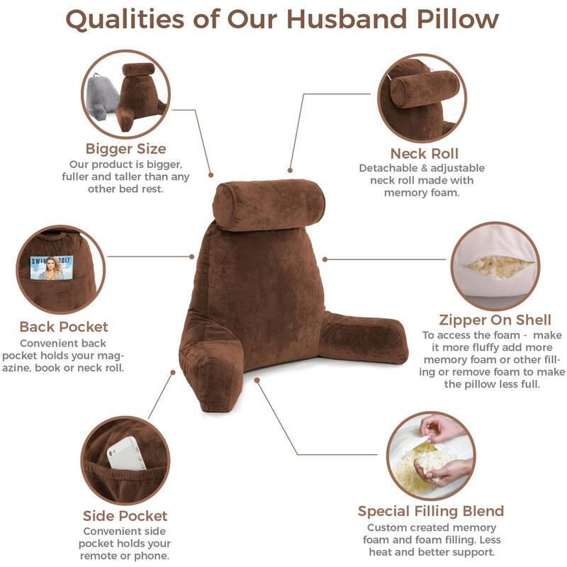 Husband Pillow Bedrest Reading Support Bed Backrest with Arms