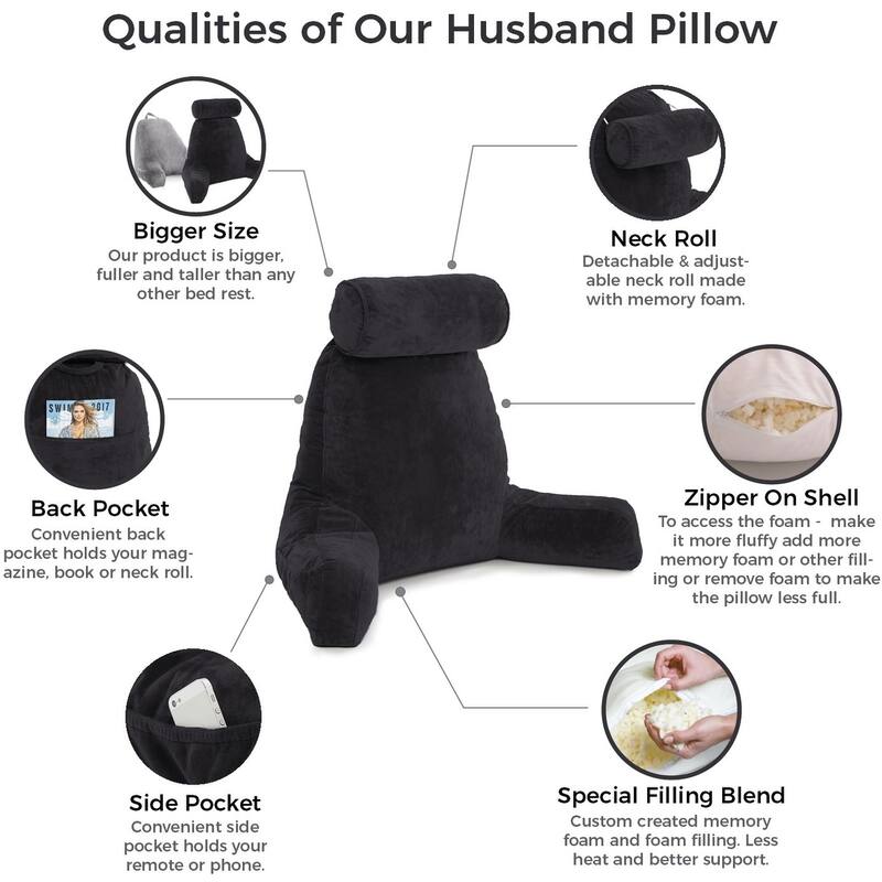 Husband Pillow Bedrest Reading Support Bed Backrest with Arms