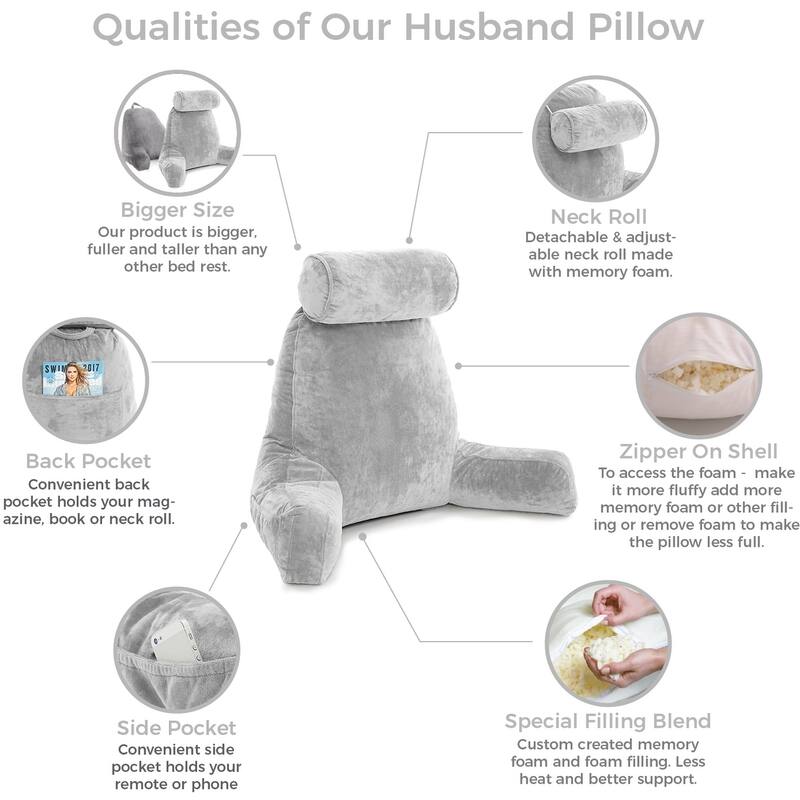 Husband Pillow Bedrest Reading Support Bed Backrest with Arms