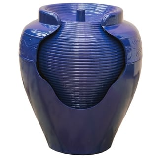 Xbrand Tall Round Vase Fountain w/Ridges Waterfall, Indoor Outdoor Decor, 17 Inch Tall, Blue