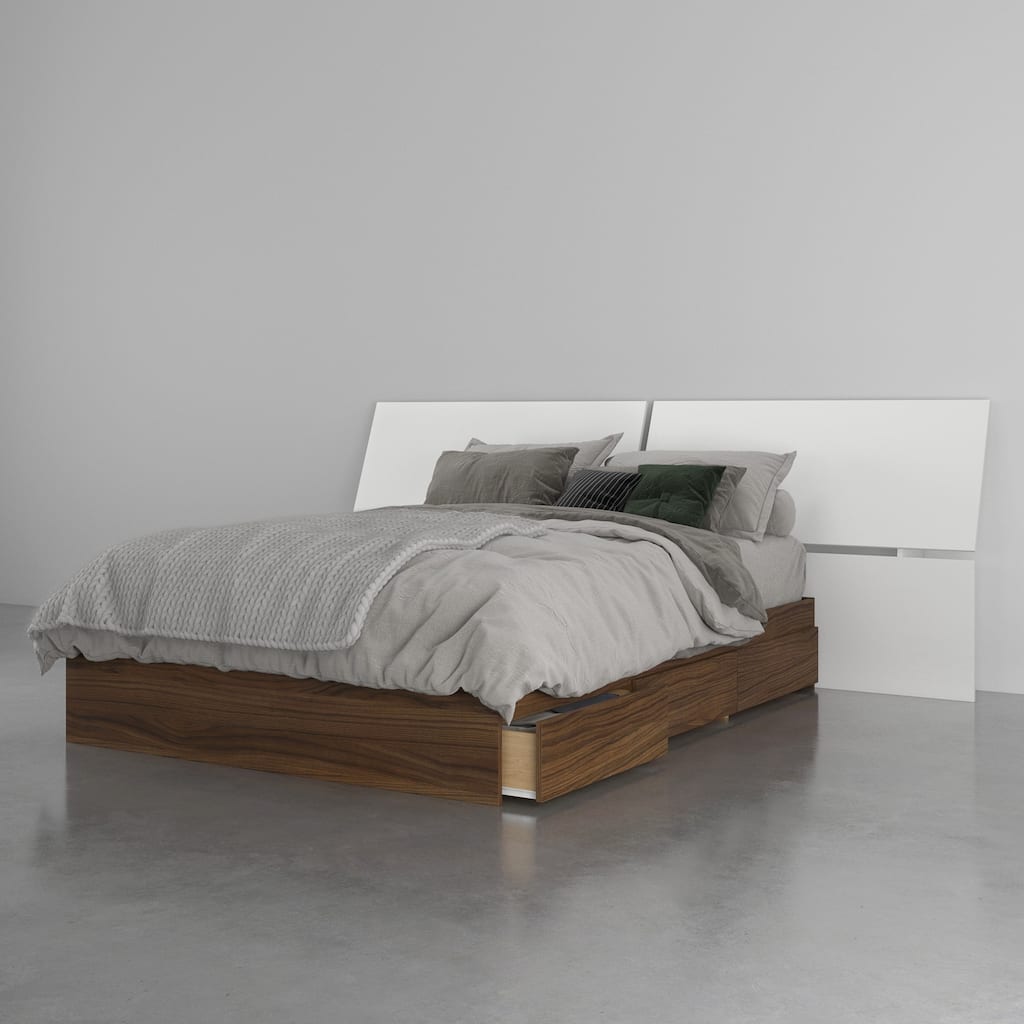 Nexera Cologne 3-Piece Storage Bed with Extra Wide Headboard, Walnut & White