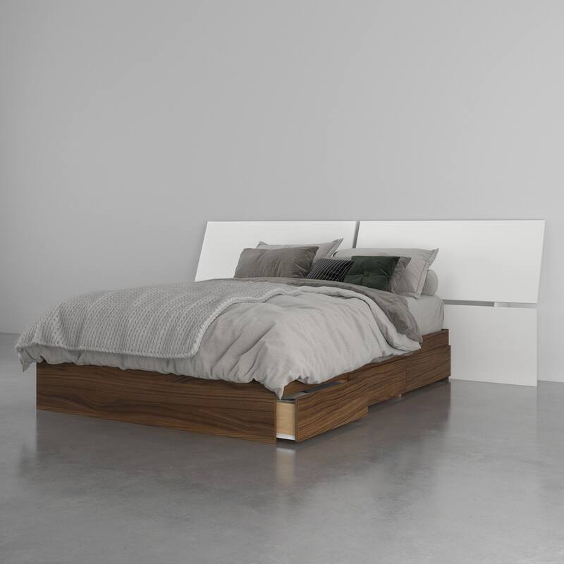 Nexera Cologne 3-Piece Storage Bed with Extra Wide Headboard, Walnut & White