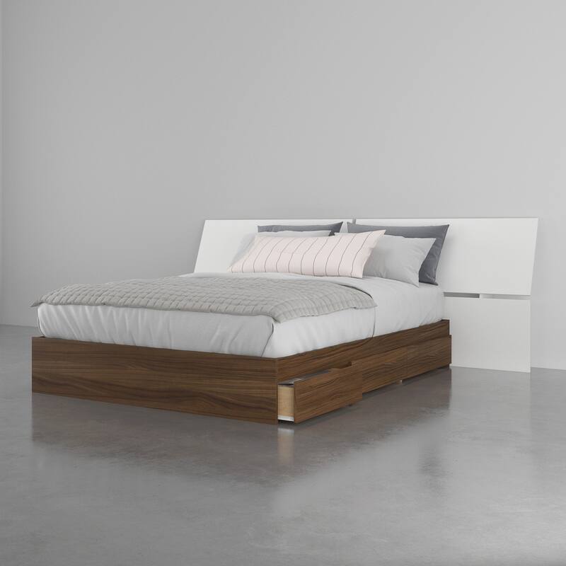 Nexera Cologne 3-Piece Storage Bed with Extra Wide Headboard, Walnut & White - Queen