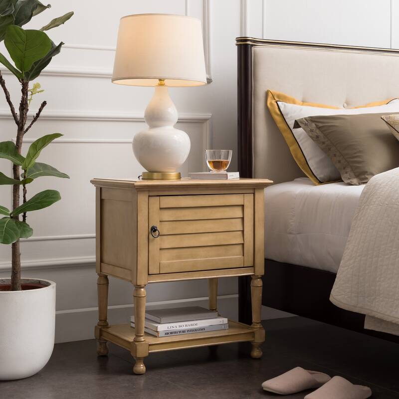 Louvered Charging Door Nightstand Side Table Cabinet - Beige