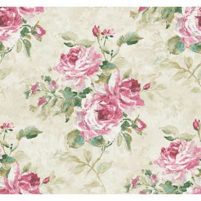 Metallic Rose Bouquet Wallpaper, 27 feet long X 27 inchs Wide, Metallic Ivory, Blush, and Forest Green