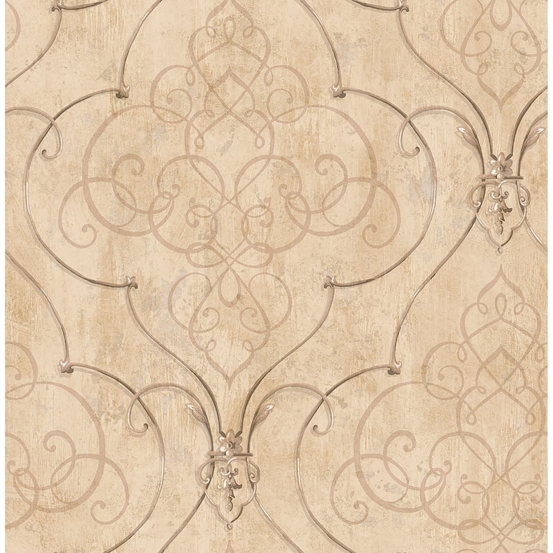 Matte Fremont Damask Wallpaper, 32.81 feet long X 20.5 inchs Wide, Navy and Platinum - Beige and Gold
