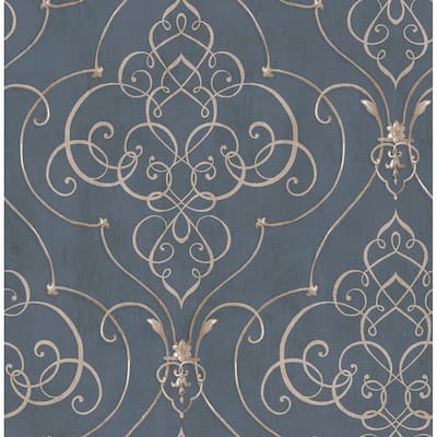 Matte Fremont Damask Wallpaper, 32.81 feet long X 20.5 inchs Wide, Navy and Platinum