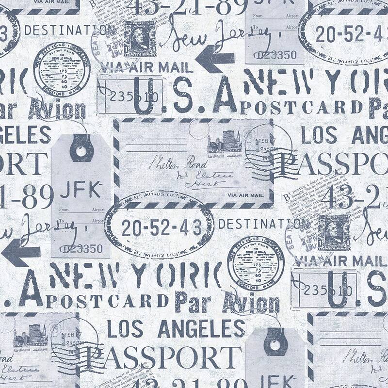 Matte Earhart Labels Wallpaper, 27 feet long X 27 inchs Wide, Navy and White