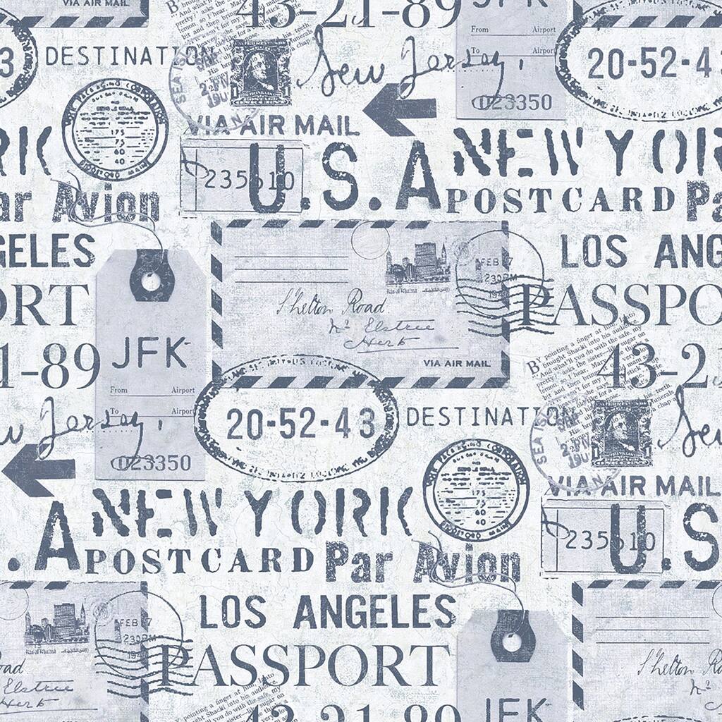 Matte Earhart Labels Wallpaper, 27 feet long X 27 inchs Wide, Navy and White