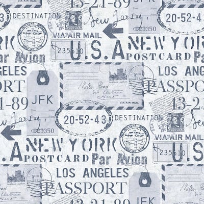Matte Earhart Labels Wallpaper, 27 feet long X 27 inchs Wide, Navy and White