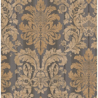 Matte Magellan Damask Wallpaper, 32.81 feet long X 20.5 inchs Wide, Charcoal, Silver, and Tan