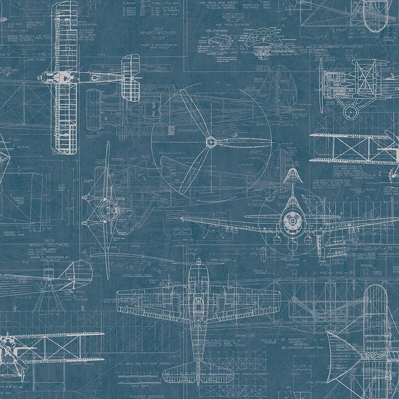 Matte Earhart Planes Wallpaper, 27 feet long X 27 inchs Wide, Navy and White