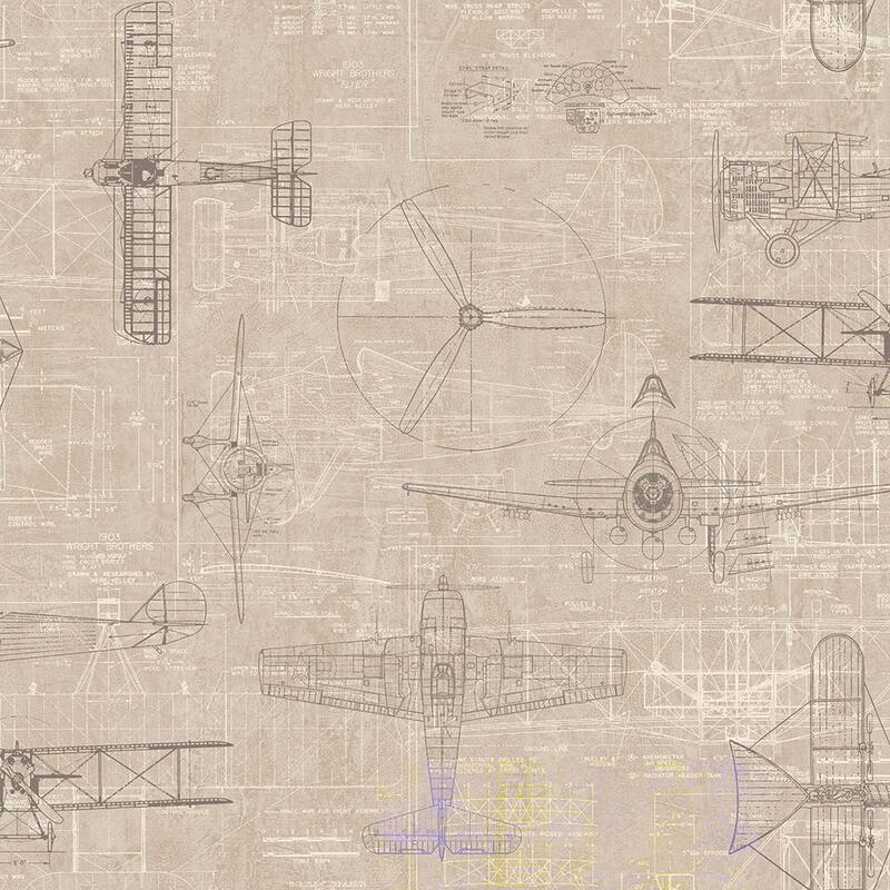 Matte Earhart Planes Wallpaper, 27 feet long X 27 inchs Wide, Navy and White - Platinum, Charcoal, and Cream