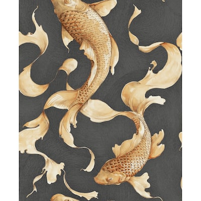 Metallic Koi Fish Wallpaper, 32.81 feet long X 20.5 inchs Wide, Metallic Gold and Ebony