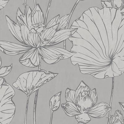 Metallic Lotus Floral Wallpaper, 27 feet long X 27 inchs Wide, Metallic Silver and Gray