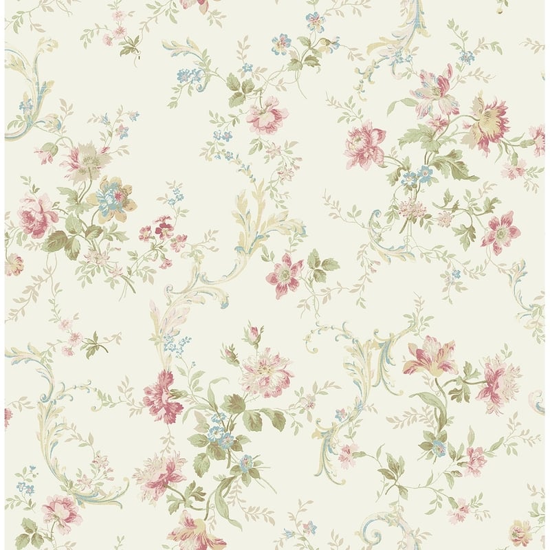 Metallic Florals with Scroll Wallpaper, 32.81 feet long X 20.5 inchs Wide, Metallic Pink, Gold, & Mint - Metallic Gold, White, & Rose