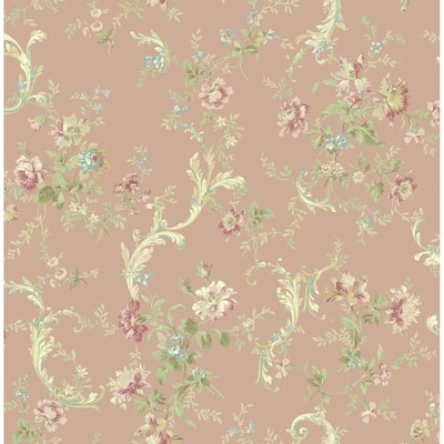 Metallic Florals with Scroll Wallpaper, 32.81 feet long X 20.5 inchs Wide, Metallic Pink, Gold, & Mint