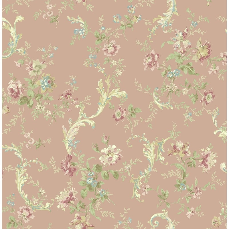 Metallic Florals with Scroll Wallpaper, 32.81 feet long X 20.5 inchs Wide, Metallic Pink, Gold, & Mint - Metallic Pink, Gold, & Mint