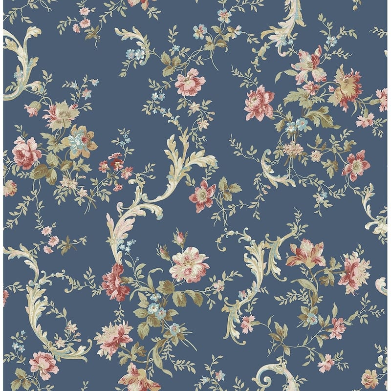 Metallic Florals with Scroll Wallpaper, 32.81 feet long X 20.5 inchs Wide, Metallic Pink, Gold, & Mint - Metallic Navy, Gold, & Rose