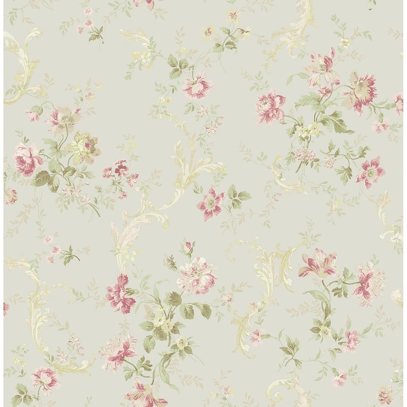 Metallic Florals with Scroll Wallpaper, 32.81 feet long X 20.5 inchs Wide, Metallic Pink, Gold, & Mint - Metallic Pearl, Gold, & Rose