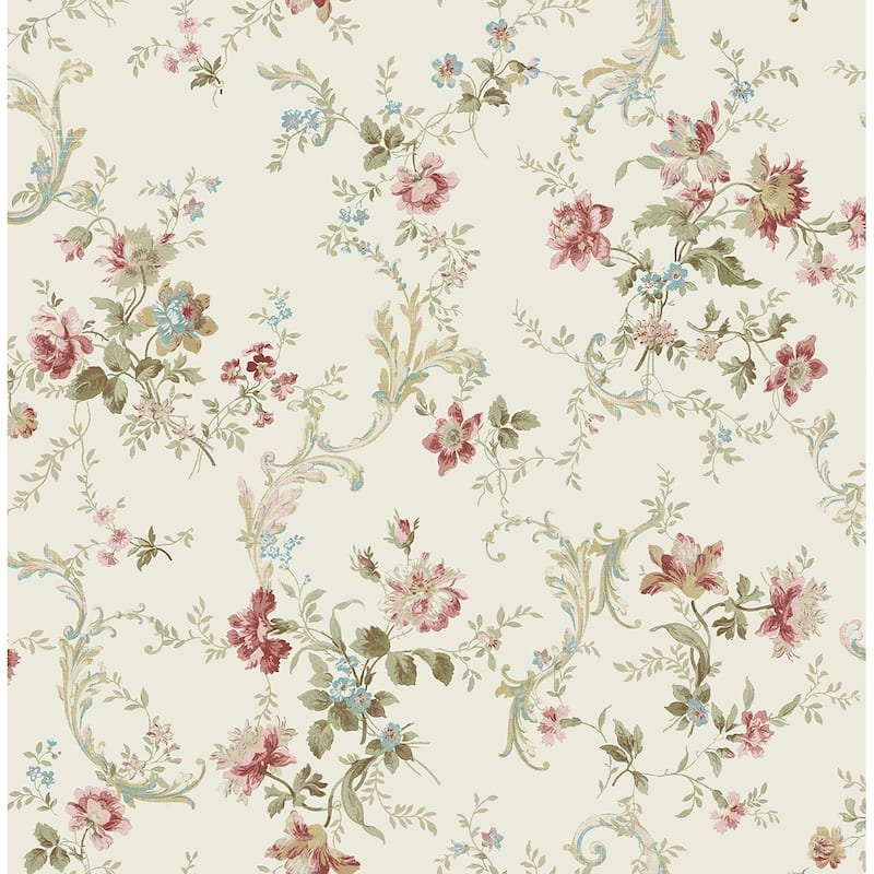 Metallic Florals with Scroll Wallpaper, 32.81 feet long X 20.5 inchs Wide, Metallic Pink, Gold, & Mint - Sage, Wine, & White