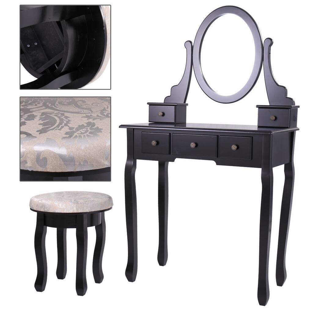 Three-way round mirror dressing table - black