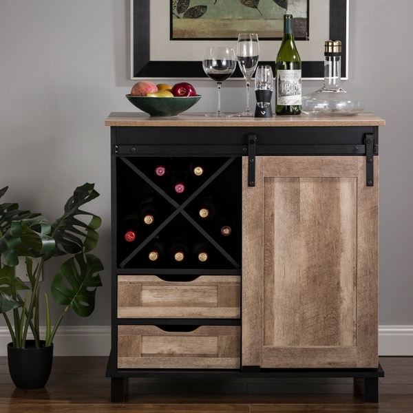 Glitzhome 31.50"L Modern Industrial Black Wine Sideboard with Natural Top and Sliding Door