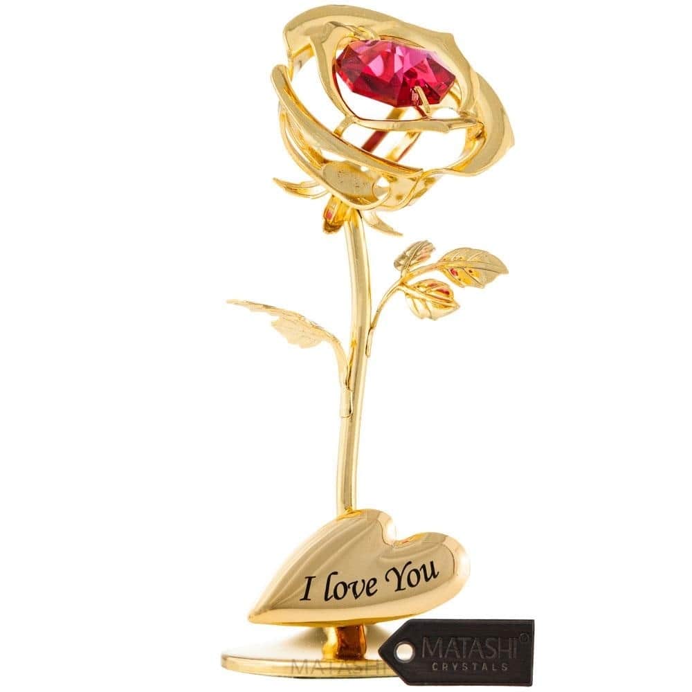 Matashi Home Decorative Tabletop Showpiece Single 24k Gold Plated Rose Flower Tabletop Ornament with Red Crystals