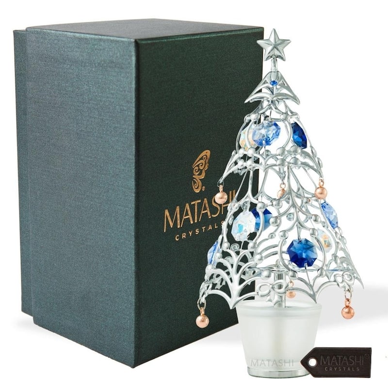 Matashi Home Decorative Tabletop Showpiece Chrome Plated Silver Christmas Tree Ornament with Blue and Clear Crystals