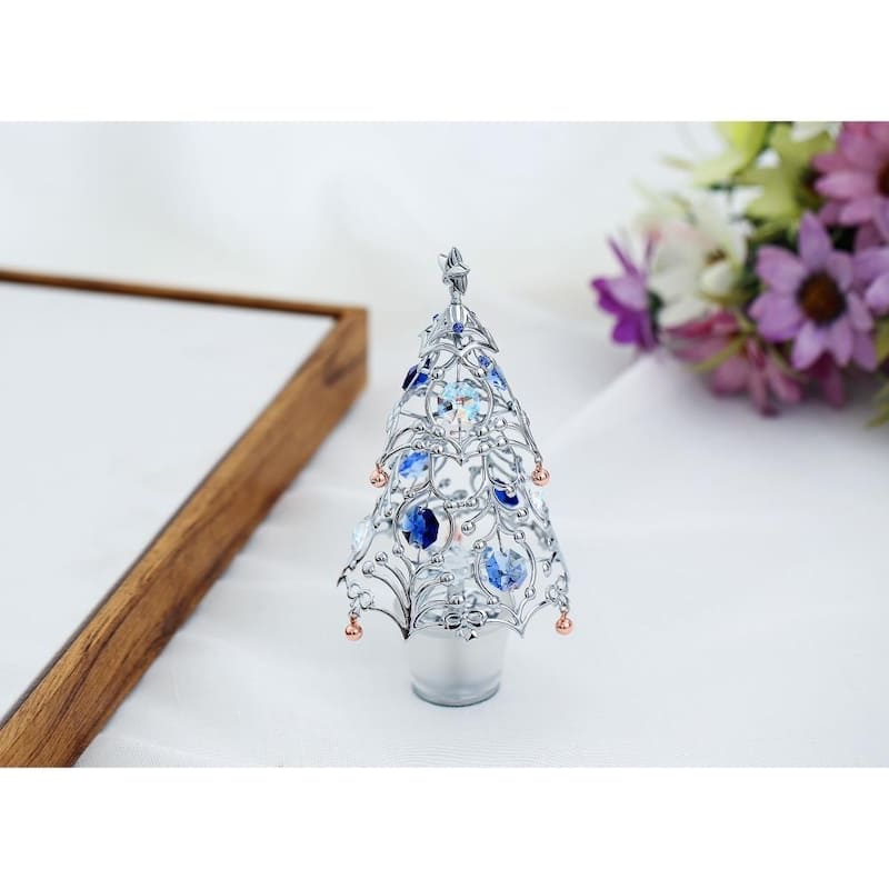 Matashi Home Decorative Tabletop Showpiece Chrome Plated Silver Christmas Tree Ornament with Blue and Clear Crystals