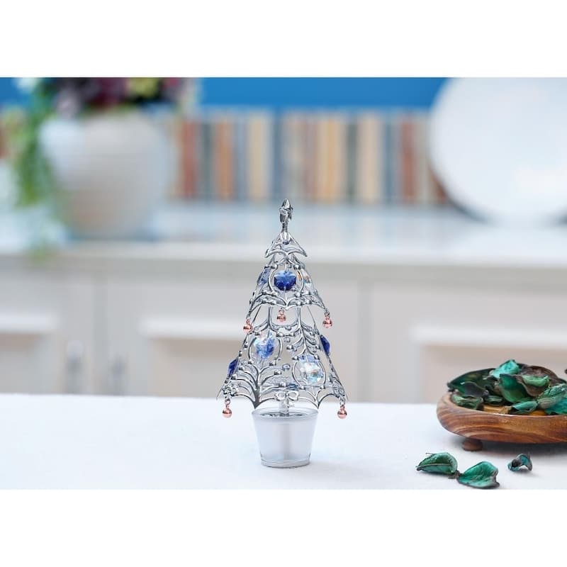 Matashi Home Decorative Tabletop Showpiece Chrome Plated Silver Christmas Tree Ornament with Blue and Clear Crystals